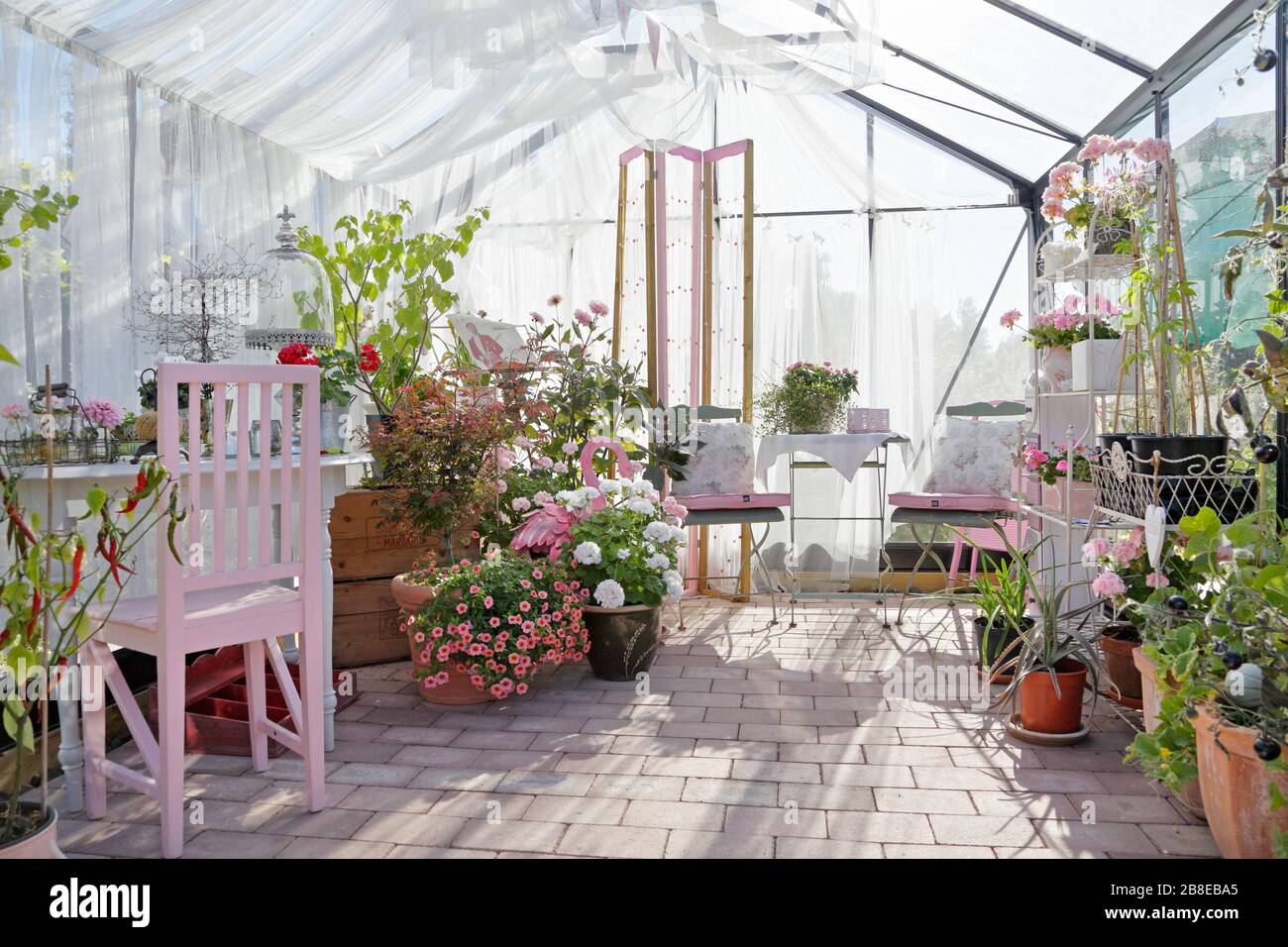 Casa verde con tulle tonalità, piante e decorazioni rosa. Foto Stock