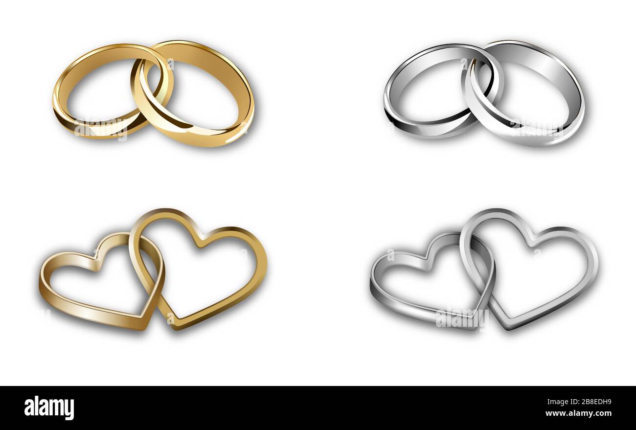 set di anelli per matrimoni in oro e argento. anelli a forma di cuore e tondi Illustrazione Vettoriale