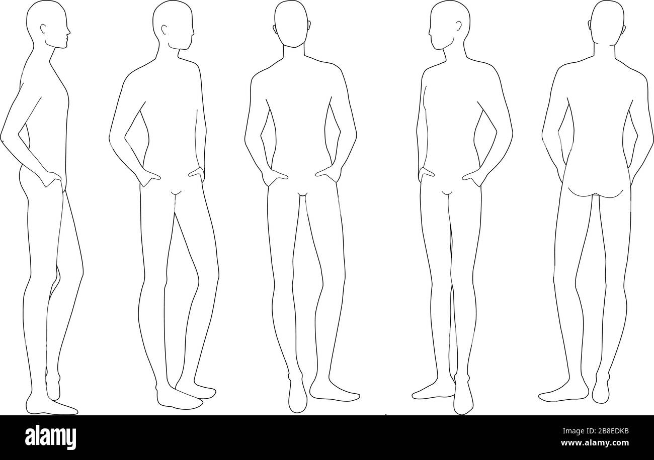 Modello di moda per uomini di stand rilassanti. 9 dimensioni testa per disegno tecnico. Uomini figura vista anteriore, laterale, 3-4 e posteriore. Vector Outline boy per schizzi e illustrazioni di moda. Illustrazione Vettoriale