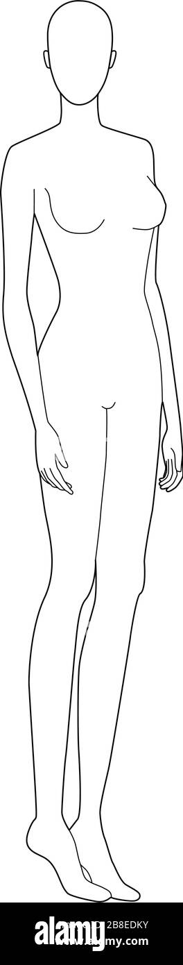 Modello di moda di donne in piedi con e senza linee principali. 9 dimensioni testa per disegno tecnico. Vista anteriore e posteriore della figura Lady. Vettore delineano ragazza per moda schizzo e illustrazione. Illustrazione Vettoriale