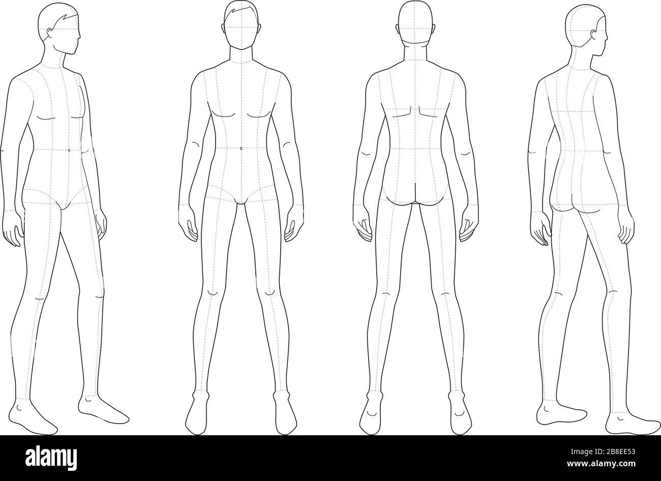 Modello di moda di uomini in piedi. 9 dimensioni testa per disegno tecnico con linee principali. I signori sono una vista frontale, 3-4 e posteriore. Vettore contorno ragazzo per moda schizzo e illustrazione. Illustrazione Vettoriale