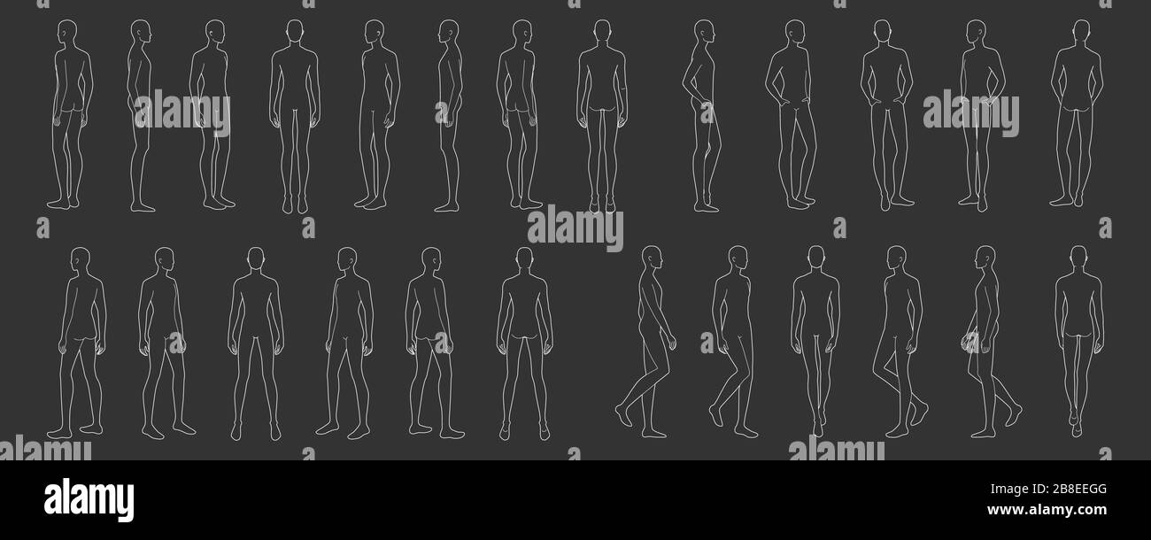 Modello di moda di 25 uomini in diverse pose. 9 dimensioni testa per disegno tecnico. Uomini figura vista anteriore, laterale, 3-4 e posteriore. Vector Outline boy per schizzi e illustrazioni di moda. Illustrazione Vettoriale