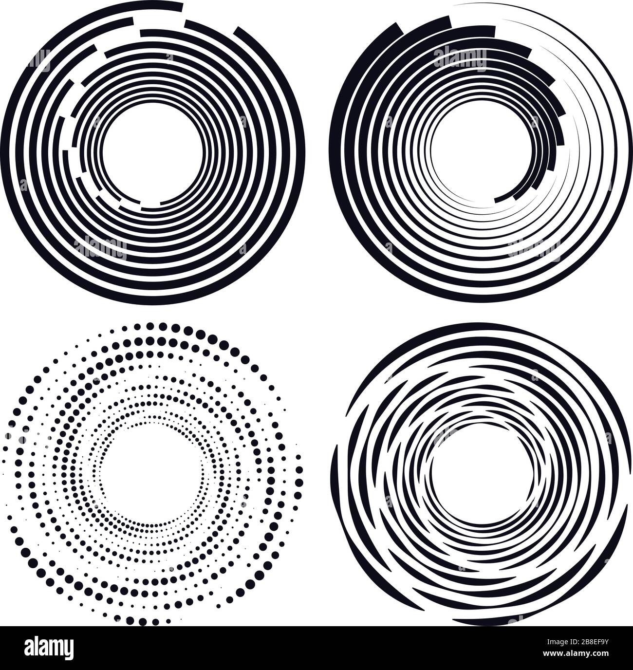 Set di vortice bianco e nero, forme a volute. Elementi elicoidali ritorti Illustrazione Vettoriale