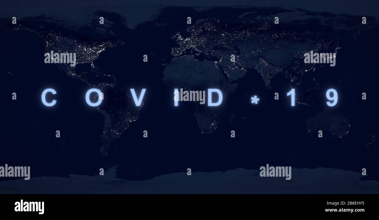 COVID-19 concetto pandemico, nome COVID sulla mappa del pianeta notte oscura. Economia mondiale colpita dall'epidemia di coronavirus. Crisi e crash globali dovuti a COVID-19 dis Foto Stock