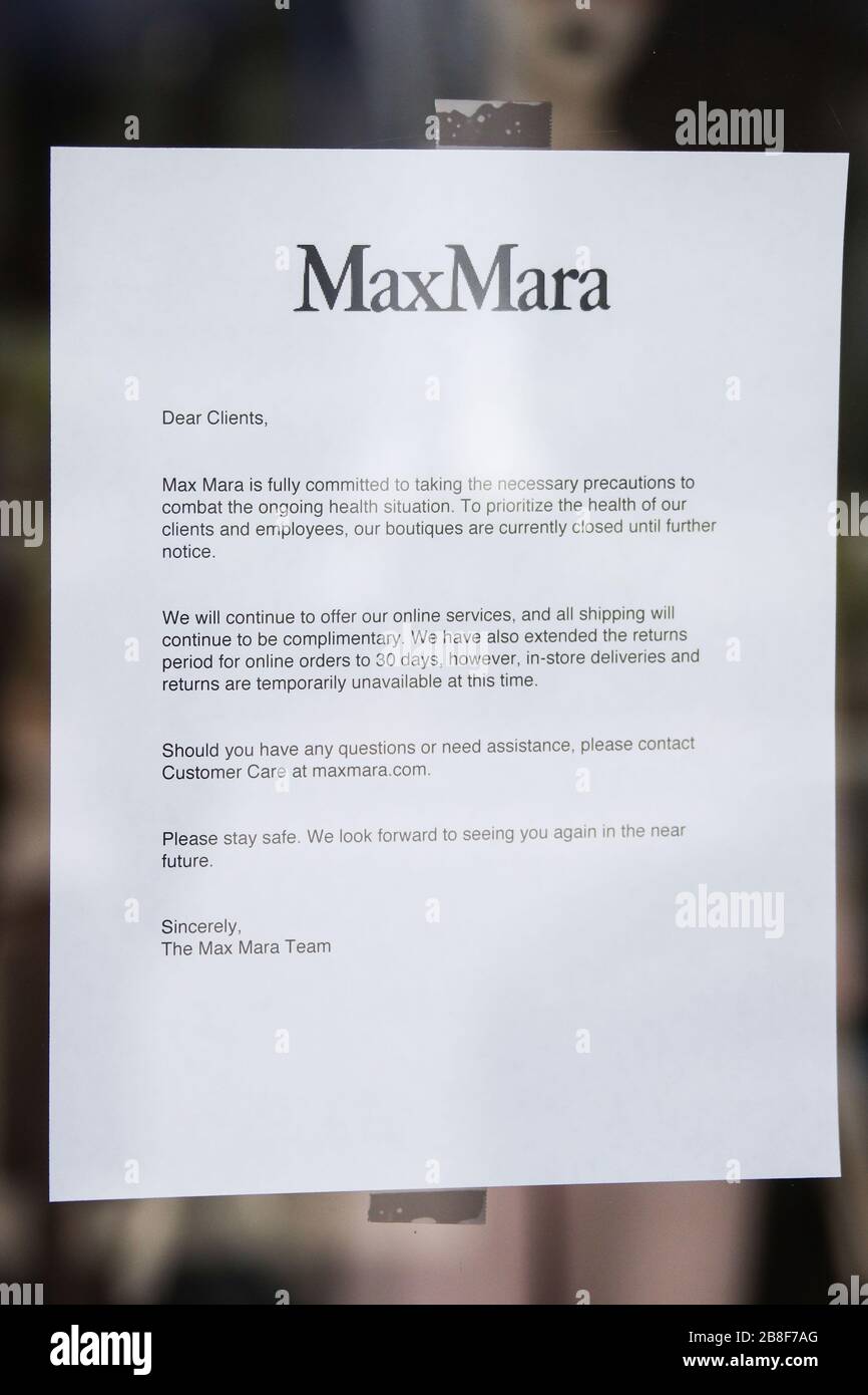 BEVERLY HILLS, LOS ANGELES, CALIFORNIA, Stati Uniti - MARZO 21: MaxMara Beverly Hills Rodeo Drive store, temporaneamente chiuso a causa del coronavirus, Due giorni dopo l'ordine di "Safer at Home" emesso sia dal sindaco di Los Angeles Eric Garcetti a livello di contea, sia dal governatore della California Gavin Newcom a livello di stato giovedì 19 marzo 2020, che rimarrà in vigore almeno fino al 19 aprile 2020 in mezzo alla pandemia Coronavirus COVID-19, 21 marzo 2020 a Beverly Hills, Los Angeles, California, Stati Uniti. (Foto di Xavier Collin/Image Press Agency) Foto Stock