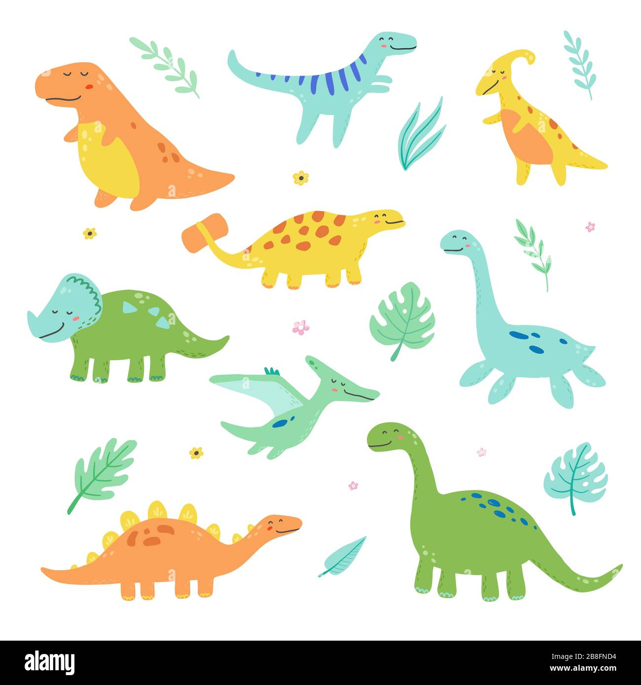 Carino dinosauro set per bambini, baby clipart design. Dinosauro colorato di stile disegnato a mano. Illustrazione vettoriale di dinosauri isolati sullo sfondo. Illustrazione Vettoriale