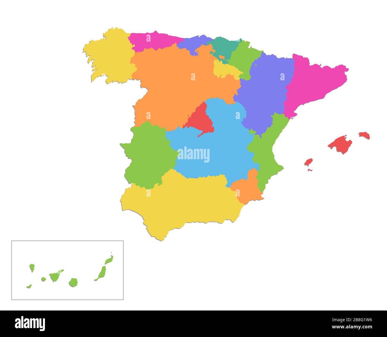 Mappa della Spagna, divisione amministrativa, regioni individuali separate, mappa dei colori isolata su sfondo bianco Foto Stock
