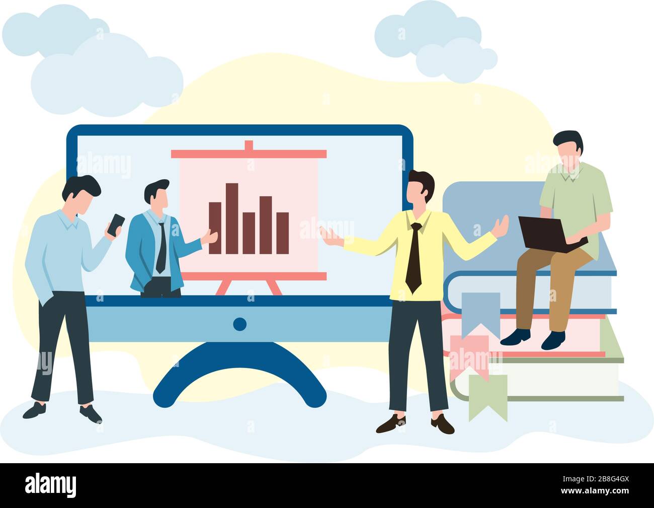 Attività delle persone relative all'apprendimento online, all'apprendimento a distanza o al corso online. Illustrazione delle persone con computer, smartphone e rubrica Illustrazione Vettoriale