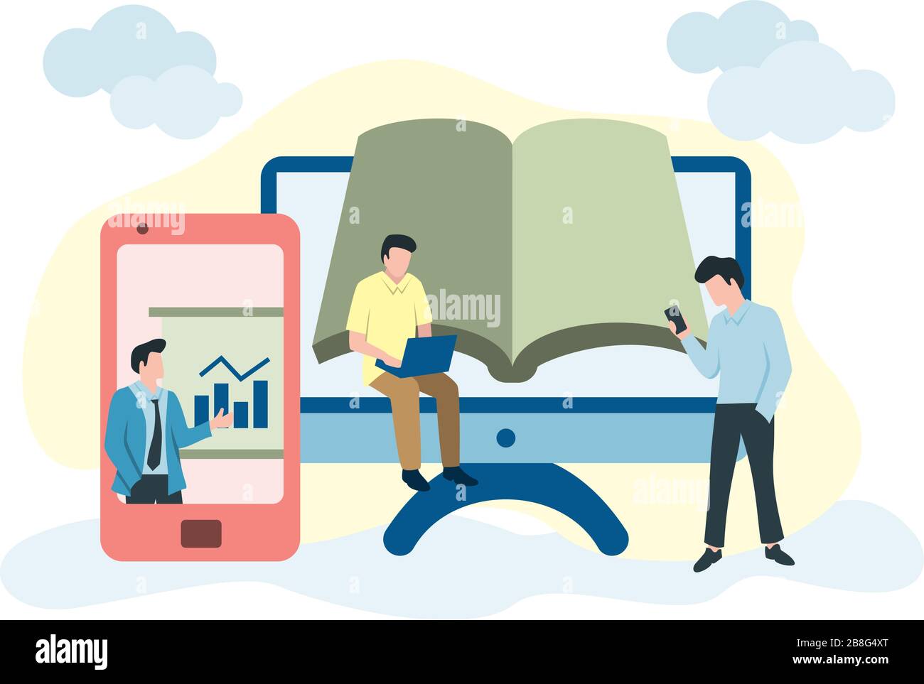 Attività delle persone relative all'apprendimento online, all'apprendimento a distanza o al corso online. Illustrazione delle persone con computer, smartphone e rubrica Illustrazione Vettoriale