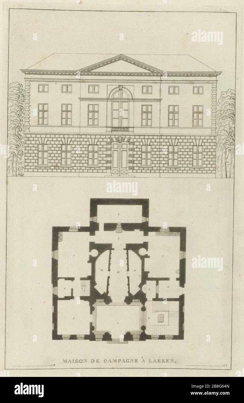 Goetghebuer - 1827 - Choix des Monuments - 016 Plan et façade jardin Maison de Campagne Laeken. Foto Stock