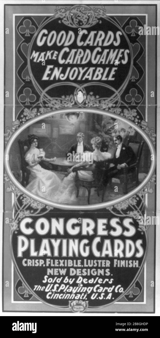 Le buone carte rendono i giochi di carte divertenti, le carte da gioco del Congresso croccanti, flessibili, lustro finitura, nuovi disegni. Foto Stock