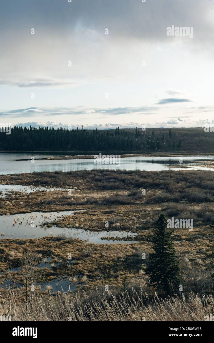 vista della strada sopraelevata di glenmore sul bacino idrico di glenmore. Calgary, Alberta, Canada Foto Stock