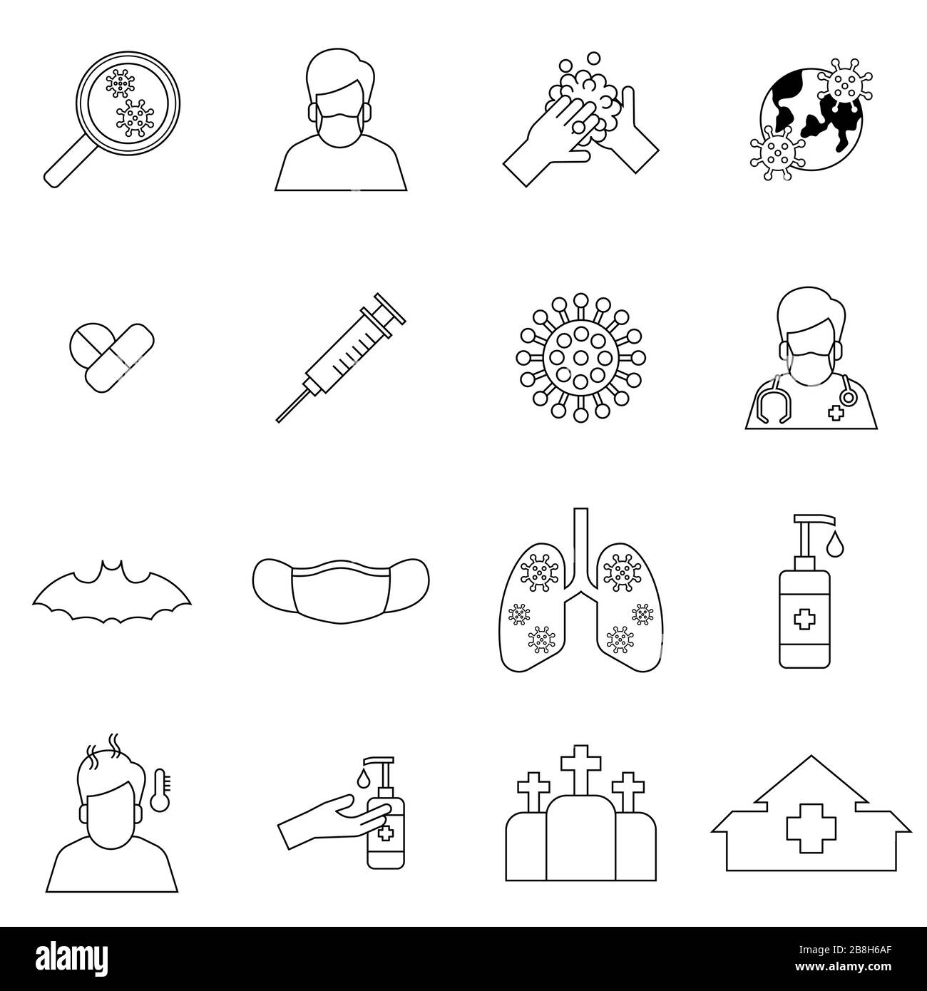 Set di coronavirus, influenza di pericolo da pipistrello con disegno di contorno, illstrazione vettoriale Illustrazione Vettoriale