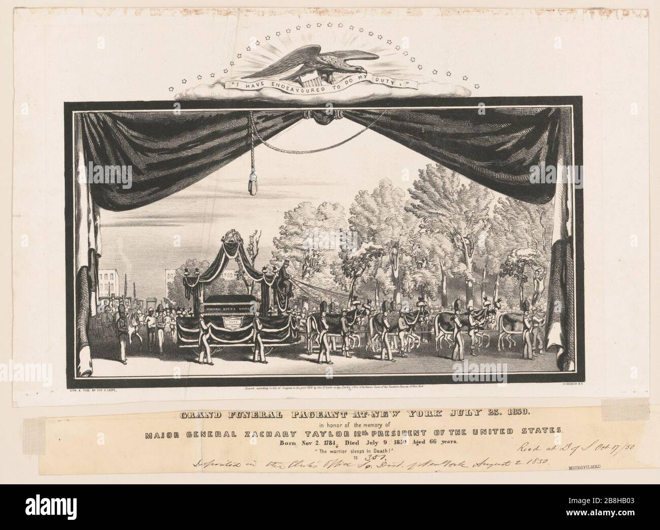 Grande evento funerale a New York 23 luglio 1850, in onore della memoria del maggiore generale Zachary Taylor 12 ° presidente degli Stati Uniti - lith. E pub. Di Geo. E. Leefe, 111 Nassau St. Foto Stock