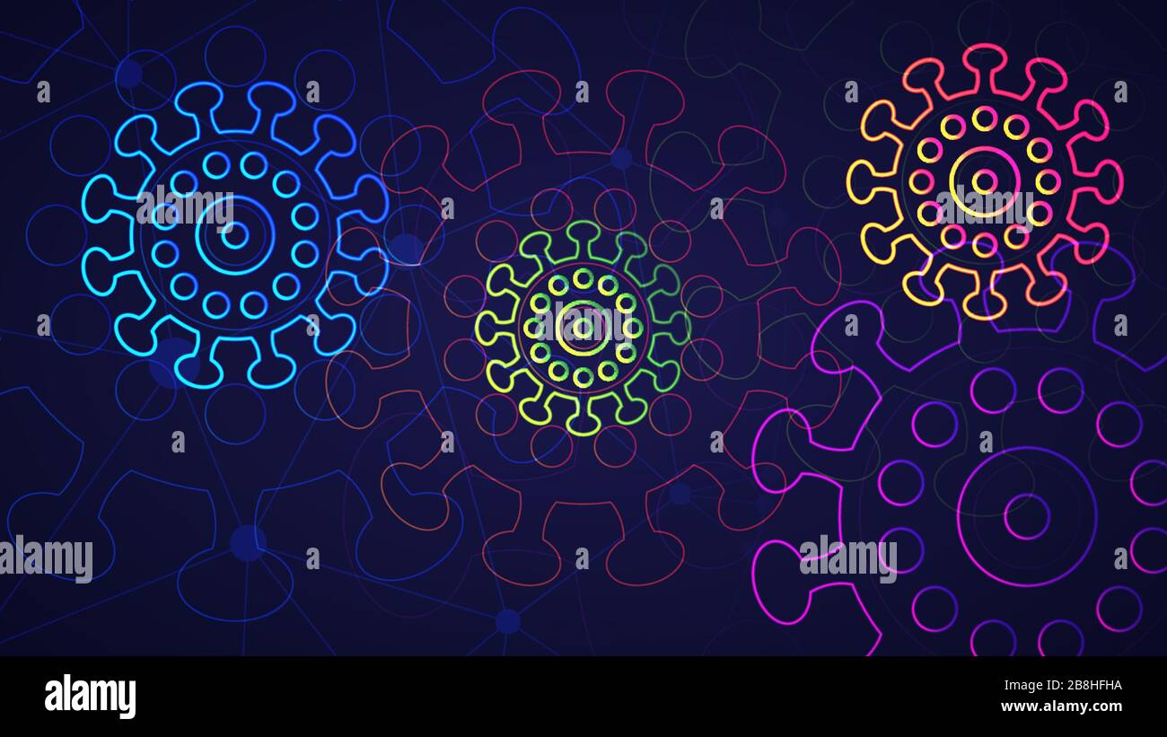 Patologie del coronavirus COVID-19. Illustrazione vettoriale dell'infezione da SARS-cov-2 al neon di colore brillante con linee collegate e puntini rotondi Illustrazione Vettoriale