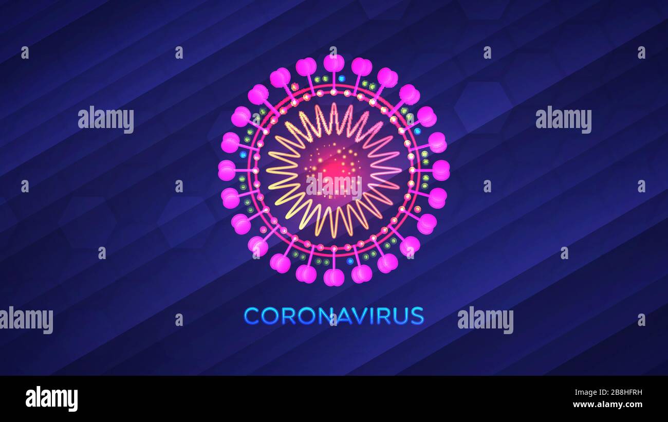 Modello astratto di una malattia da coronavirus COVID-19. Illustrazione vettoriale dell'icona dell'infezione da SARS-cov-2 colorata al neon su sfondo blu Illustrazione Vettoriale