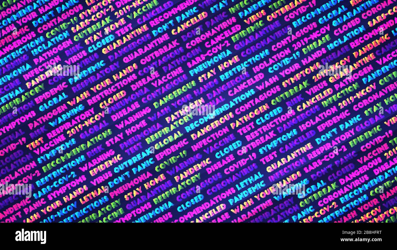 Tag principali per la malattia di coronavirus COVID-19. Illustrazione vettoriale dei titoli dei media colorati al neon per l'infezione da coronavirus Illustrazione Vettoriale