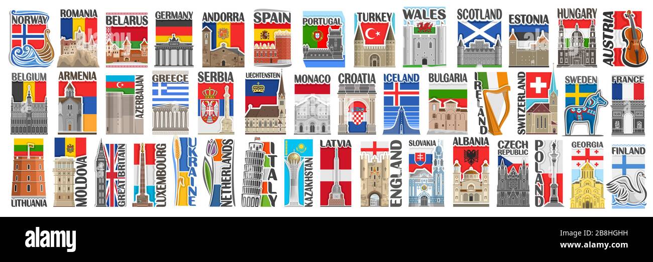 Set vettoriale di paesi europei con bandiere e simboli, 43 etichette verticali isolate con bandiere di stato nazionali e font a pennello per parole diverse, arte Illustrazione Vettoriale