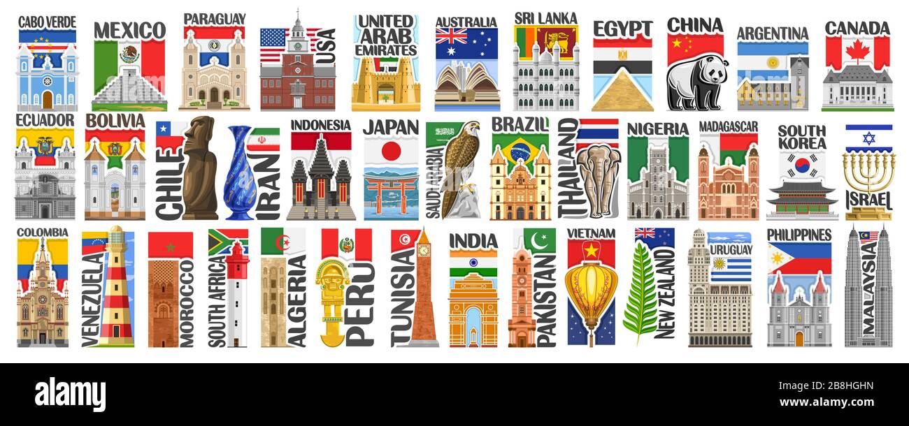 Set vettoriale di paesi americani e asiatici con bandiere e simboli, 38 etichette verticali isolate con bandiere di stato nazionali e font a pennello per diversi Illustrazione Vettoriale