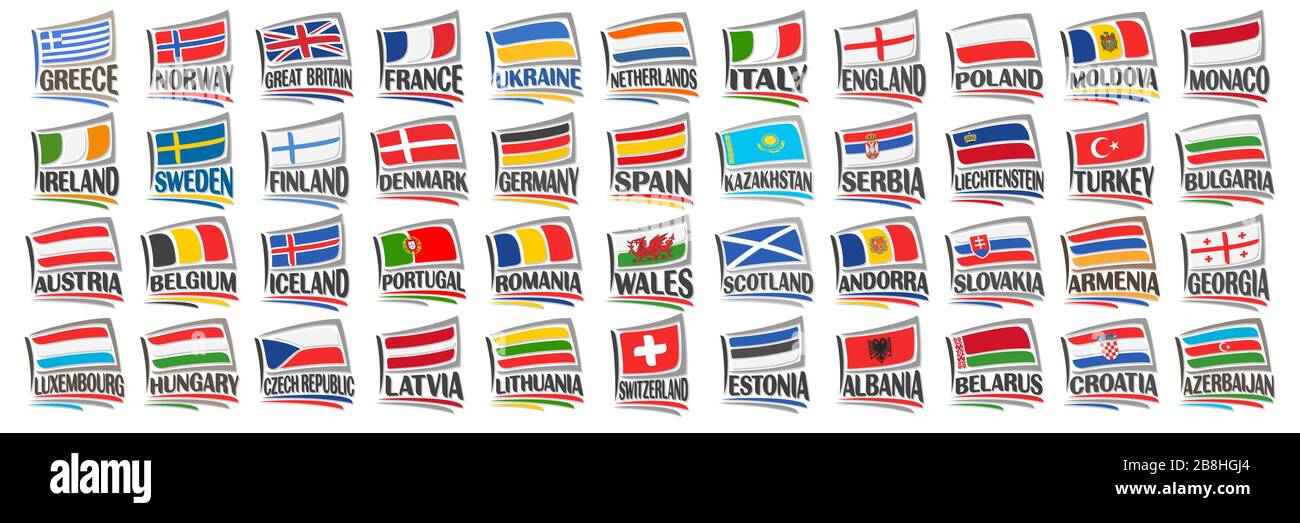 Set vettoriale di bandiere dei paesi europei, 44 etichette decorative isolate con bandiere di stato nazionali e font a pennello per diverse parole su sfondo bianco Illustrazione Vettoriale