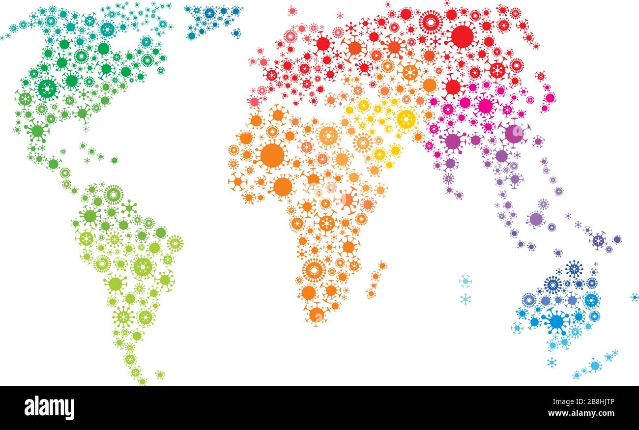 Mappa mondiale vettoriale fatta di sagome a forma di virus Illustrazione Vettoriale