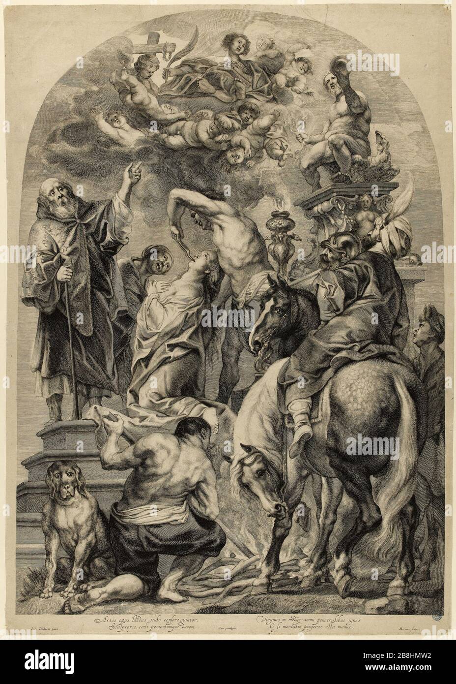 Il martirio di Sant'Apollonia Marinus van der Goes (1599-1639), graveur flamand, d'après Jacob Jordaens (1593-1678), peintre flamand. "Le Martire de sainte Apolline". Gravure. Musée des Beaux-Arts de la Ville de Paris, Petit Palais. Foto Stock