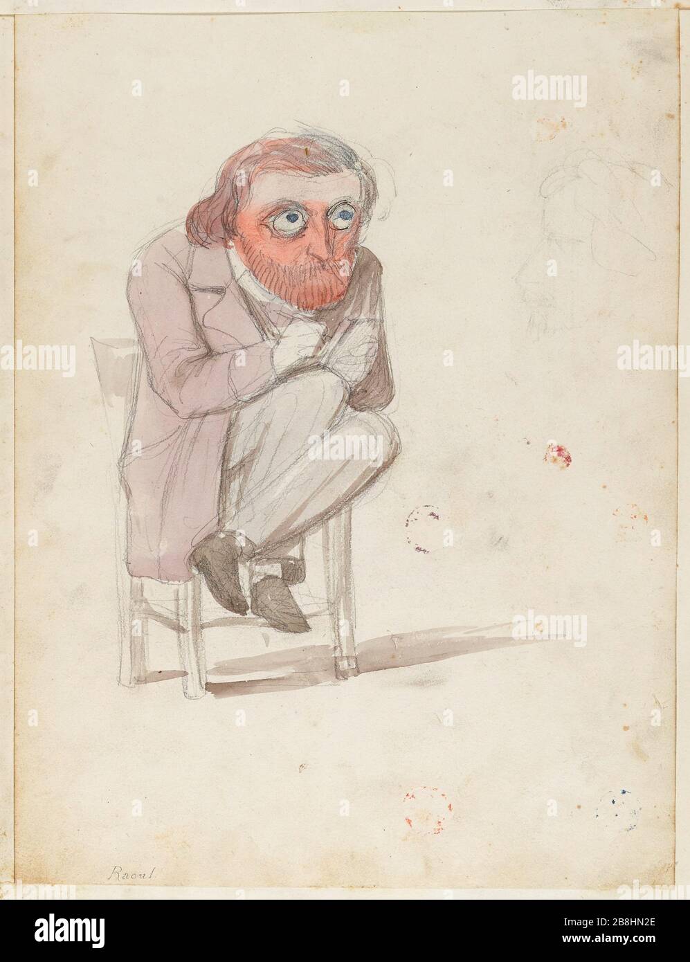 Ritratto-carica di un uomo seduto su una sedia (Raoul) e disegnare un profilo sulla destra. Foto Stock