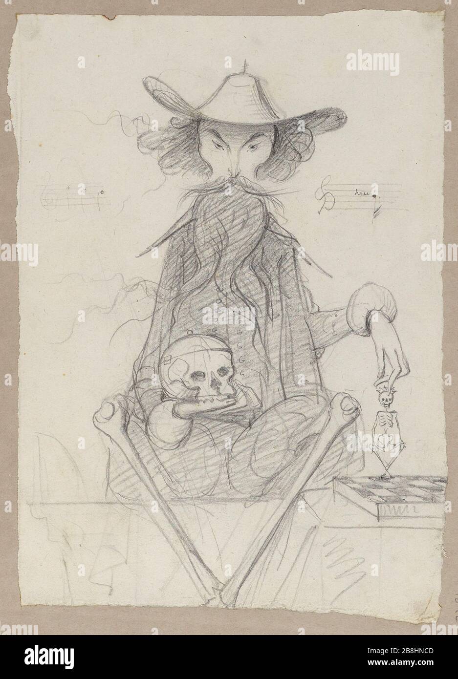 Ritratto-carica di uno scheletro-uomo in possesso di un cranio e giocare a scacchi con uno scheletro incoronato Foto Stock