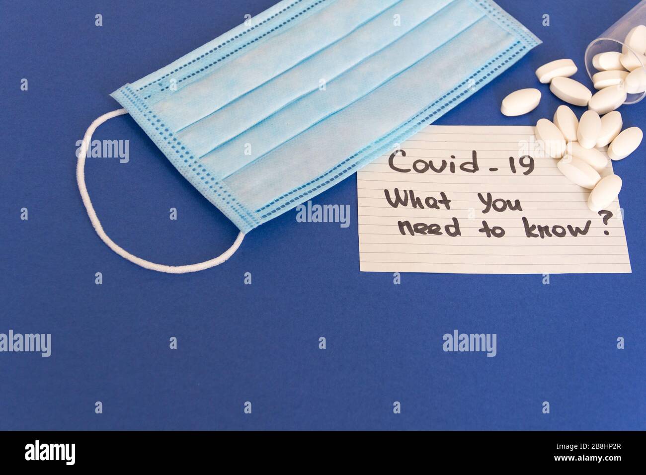 Concetto di coronavirus. Maschera facciale, pillole e ciò che è necessario sapere cornice su sfondo blu. Spazio libero per le copie. Foto Stock