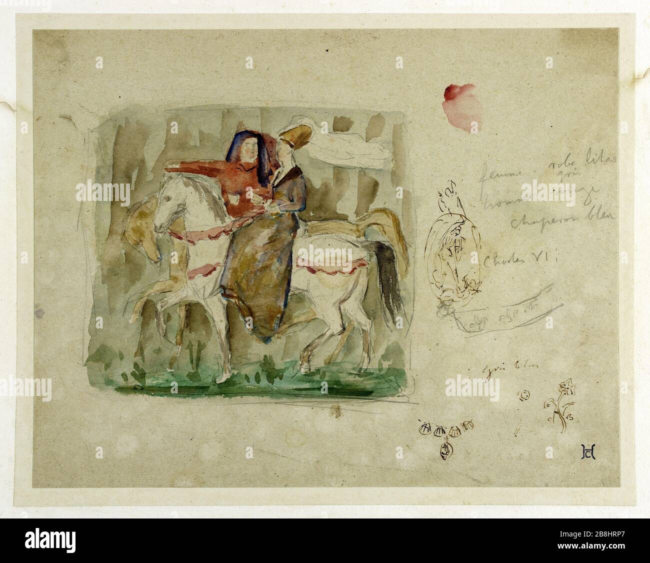 COPPIA A CAVALLO NEL MEDIOEVO HENRY CROS (1840-1907). "Coppia à cheval au Moyen Age". Pierre noire, aquarelle. Musée des Beaux-Arts de la Ville de Paris, Petit Palais. Foto Stock