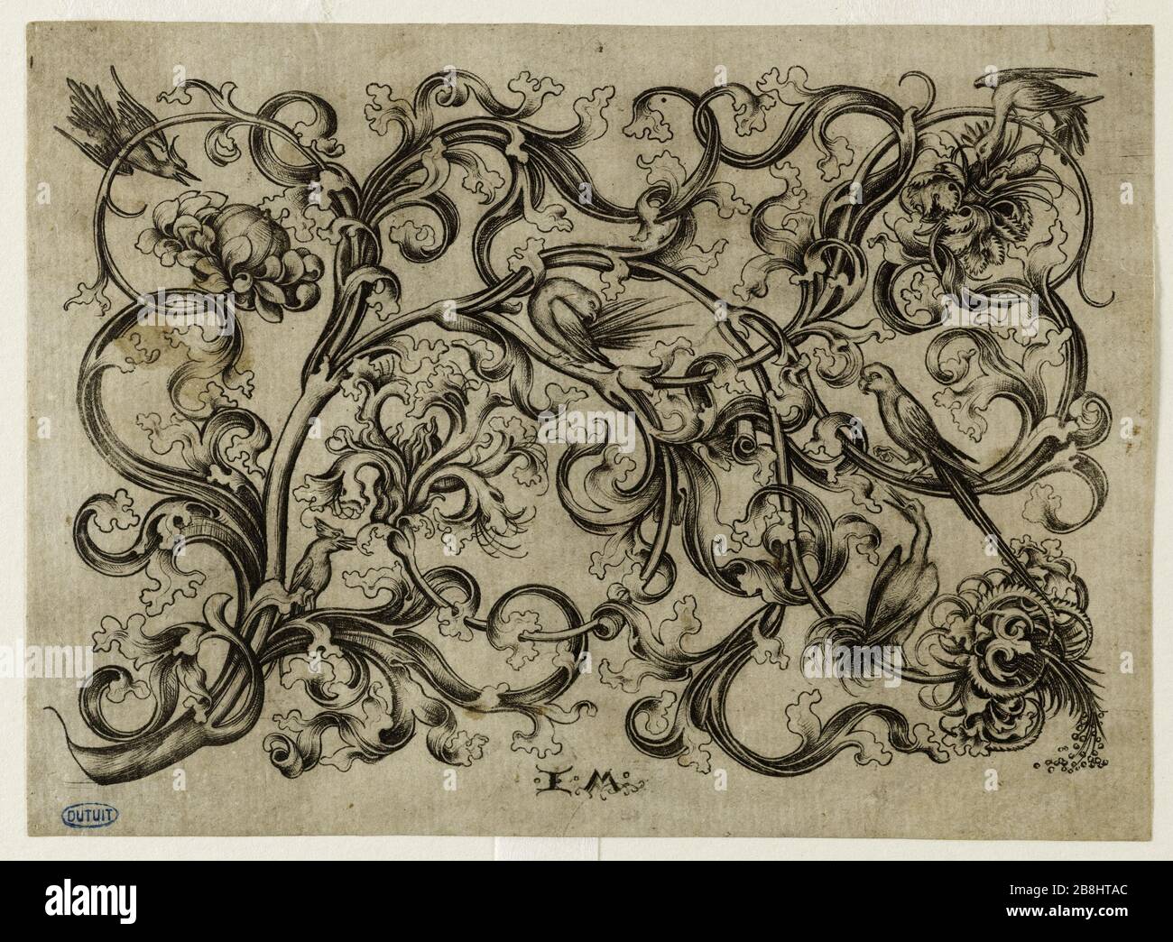 Rinceau la direzione del reparto Orne Martin scarpone pm (Bartsch 198, 616 t pietra) Ishrael van Meckenem (1445-1503), d'après Martin Schongauer (V.1450-1491). Vinceau d'ornement d'après Martin Schongauer (Bartsch 198, hollstein 616). Burin, XVe siècle. Musée des Beaux-Arts de la Ville de Paris, Petit Palais. Foto Stock