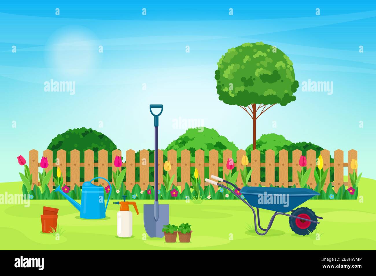 Giardino con piante e attrezzi da giardino Illustrazione Vettoriale