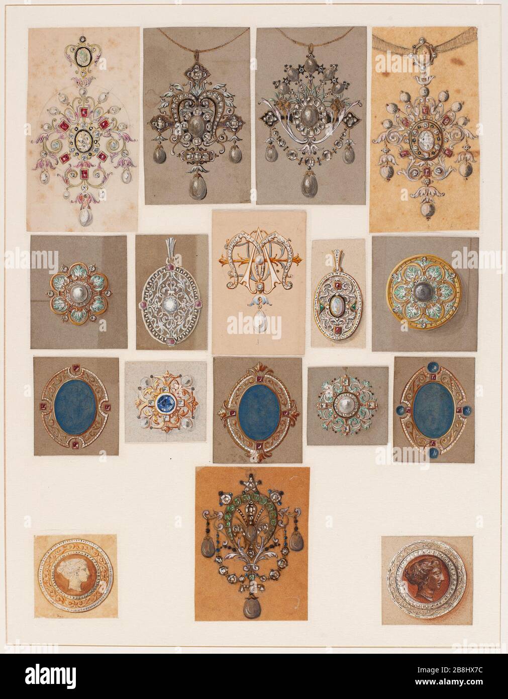Pendenti bordo neo rinascimentale (16) Auguste Fannière (1818-1900). «Planche de pendentifs néo Renaissance (16)». Grafite, gouache sur papier blanc, gris ou vélin contremollé trasparente sur cartonette blanche, 1865-1895. Musée des Beaux-Arts de la Ville de Paris, Petit Palais. Foto Stock