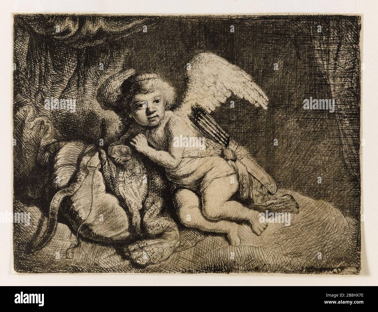 Cupid Rest (Bartsch 132) Rembrandt (École de). Le Repos de Cupidon (Bartsch 132). Eau-forte sur papier européen, 1648. Musée des Beaux-Arts de la Ville de Paris, Petit Palais. Foto Stock