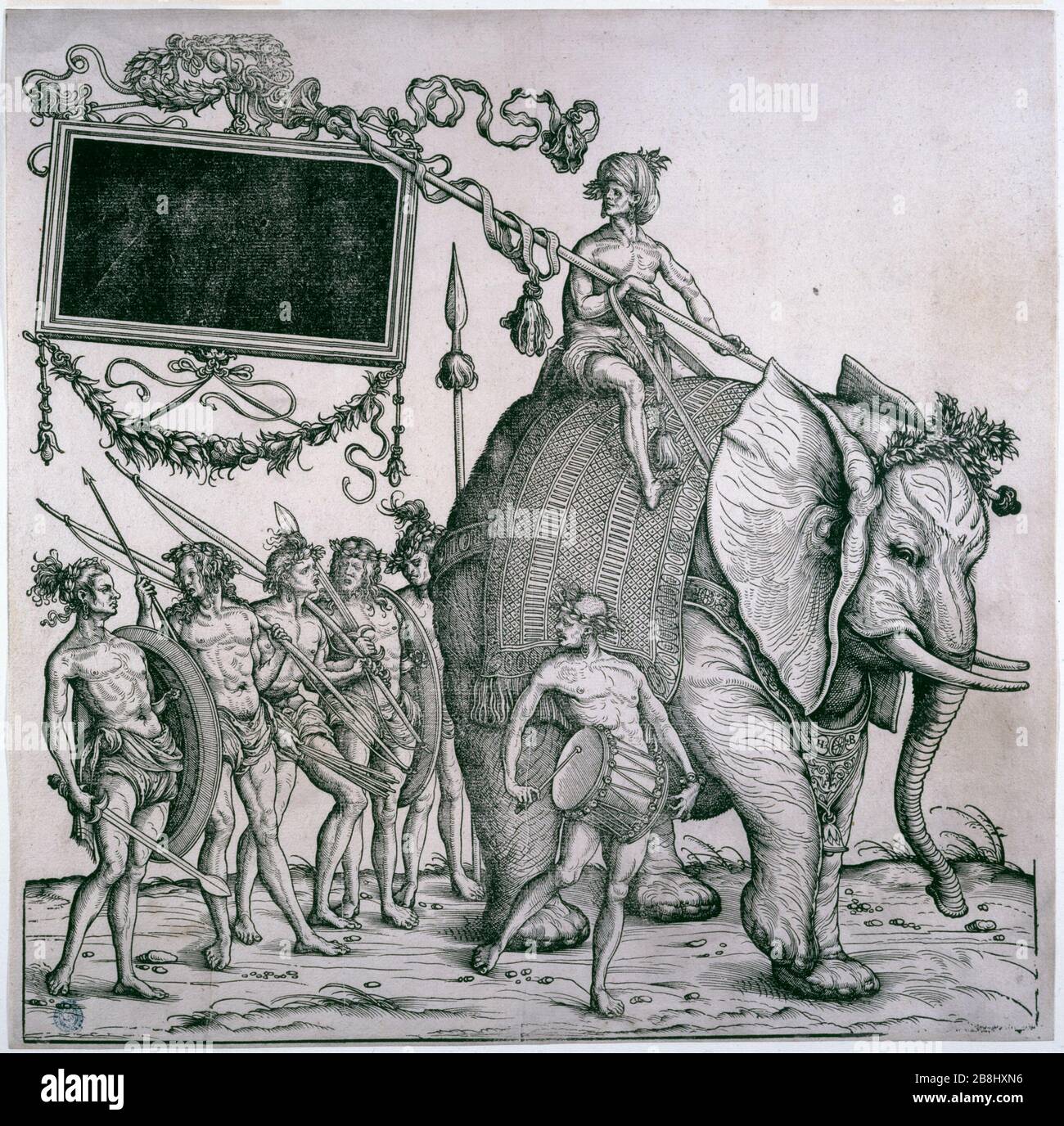 IL TRIONFO DI MAXIMILIEN, A SEGUITO DI UN ELEFANTE INDIANO GUIDATO DA CORNAC HANS BURGKMAIR (1473-1531). 'Le Triomphe de Maximilien, Indiens suivant un éléphant mené par un cornac'. Bois, 1512-1519. Musée des Beaux-Arts de la ville de Paris, Petit Palais. Foto Stock