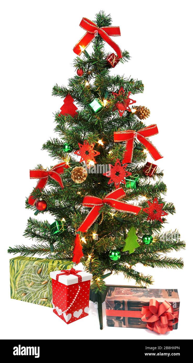 Albero di Natale con decorazioni e regali Foto Stock