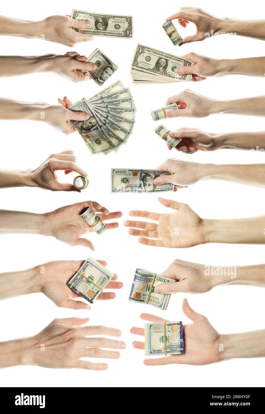 Dollari americani denaro contante in mano maschile isolato su sfondo bianco. Banconota da 100 dollari USA Foto Stock