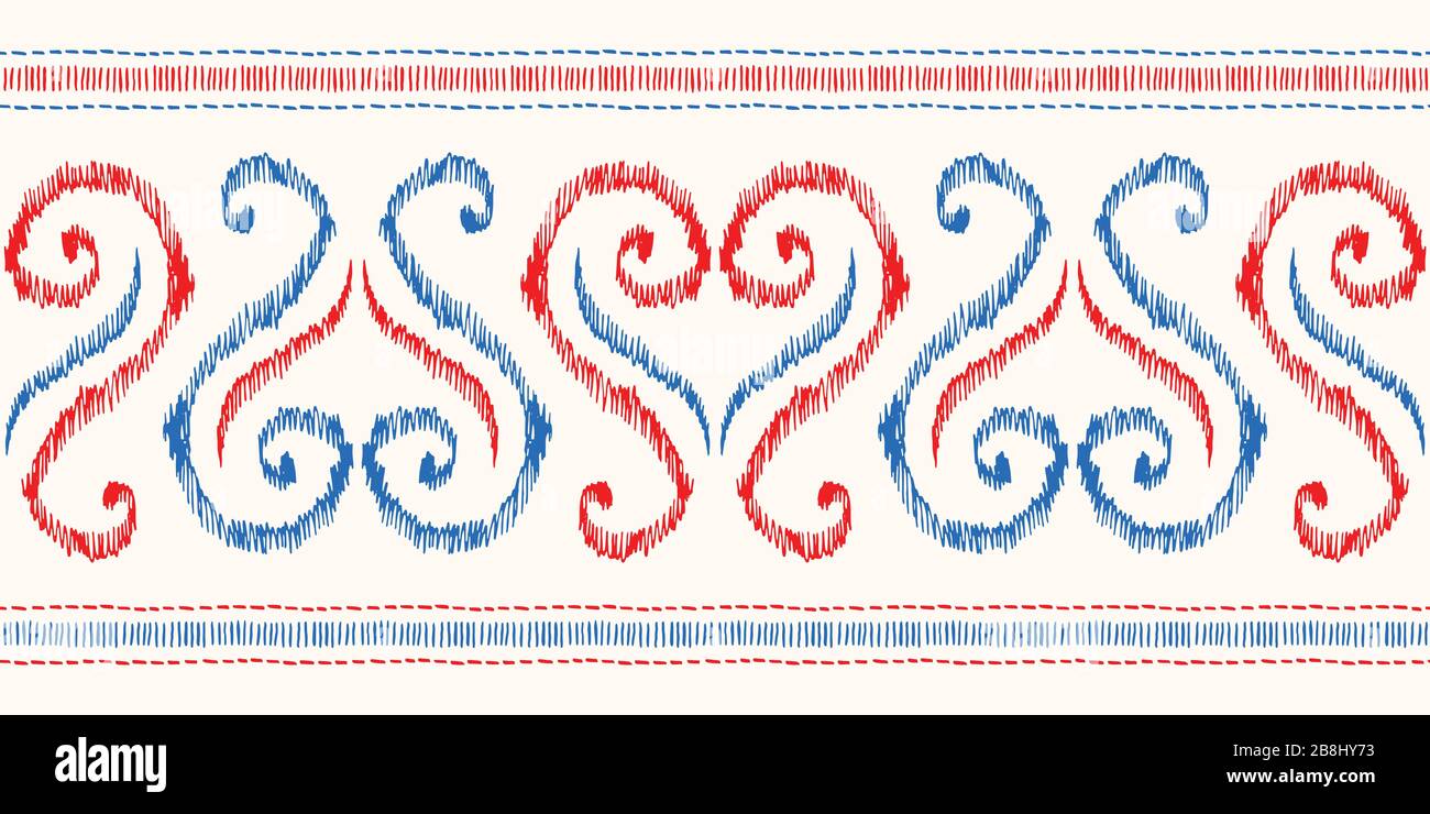 Profilo a cuore rosso, blu, bianco trafilato a mano tradizionale Ikat Vector bordo orizzontale con motivo senza giunture Illustrazione Vettoriale