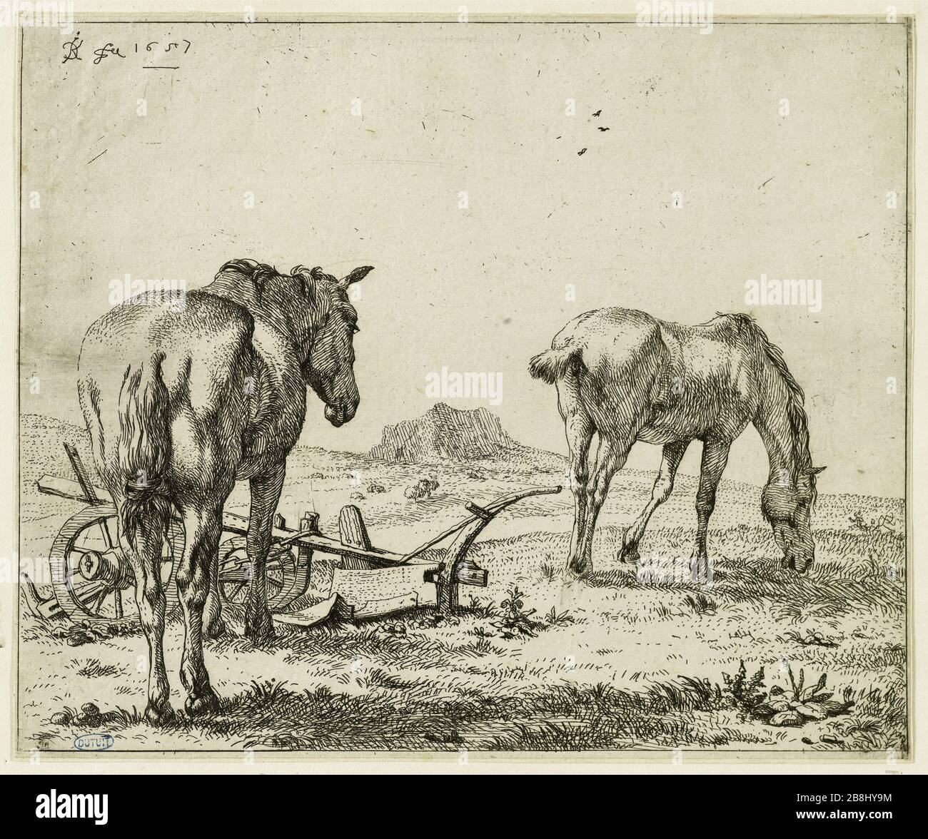 I due cavalli vicino ad un aratro (Dutuit 25) Karel Dujardin (1622-78). Les Deux chevaux près d'une Charrue (Dutuit 25). Eau-forte, 1657. Musée des Beaux-Arts de la Ville de Paris, Petit Palais. Foto Stock