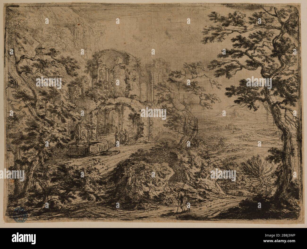 Fontana vicino alle rovine (Dutuit 14) De Heusch, Guillaume ou Guilliam. "La Fontaine près des ruines (Dutuit 14)". Eau-forte. Musée des Beaux-Arts de la Ville de Paris, Petit Palais. Foto Stock