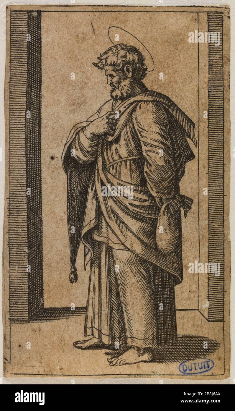 Gesù Cristo e gli Apostoli, San Matteo. Ottavo numero di una sequenza di 13 pezzi (Bartsch 131) Marc Antoine Raimondi (1480-vers1534). Jésus Christ et les apôtres, Saint Mathieu. Huitième numéro d'une suite de 13 pièces (Bartsch 131). Eau-forte, burin. XVIème siècle. Musée des Beaux-Arts de la Ville de Paris, Petit Palais. Foto Stock