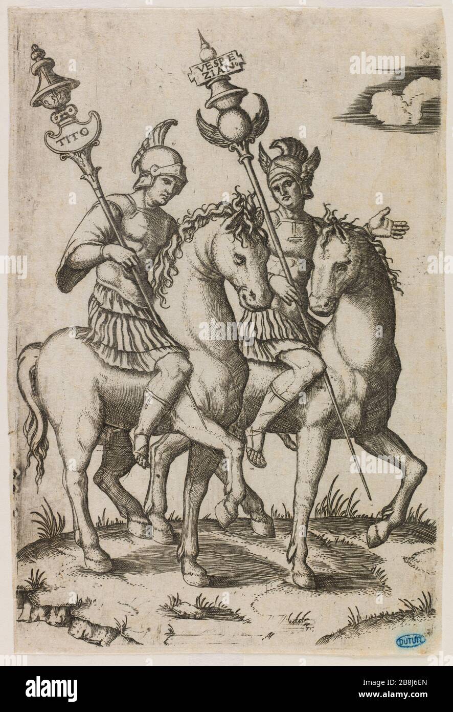 Quattro cavalleria romana, Tito e Vespasiano. Primo numero di una serie di 4 stanze (Bartsch 188) Marc Antoine Raimondi (1480-vers1534). Les Quatre cavaliers romains, Titus et Vespasien. Premier numéro d'une suite de 4 pièces (Bartsch 188). Eau-forte, burin. XVIème siècle. Musée des Beaux-Arts de la Ville de Paris, Petit Palais. Foto Stock