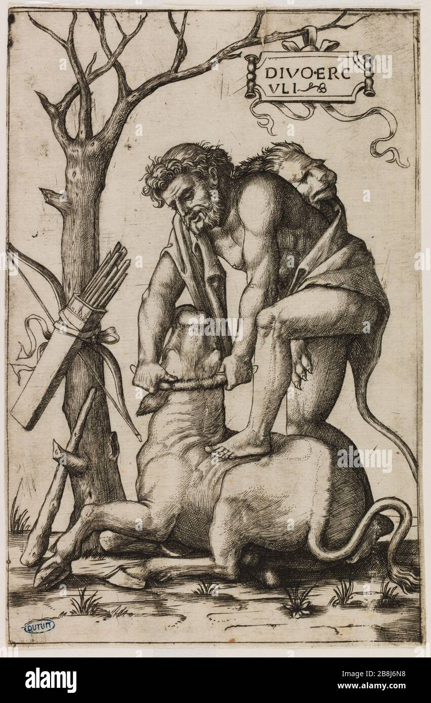 I Labori di Ercole, uccisione di Ercole si trasformarono in toro Acheloso. Quarta edizione di una serie di 4 pezzi. (Bartsch 292) Marc Antoine Raimondi (1480-vers1534). Les Travaux d'Hercule, Hercule tuant Acheloüs trasformé en taureau. Quatrième numéro d'une suite de 4 pièces. (Bartsch 292). Eau-forte, burin. XVIème siècle. Musée des Beaux-Arts de la Ville de Paris, Petit Palais. Foto Stock