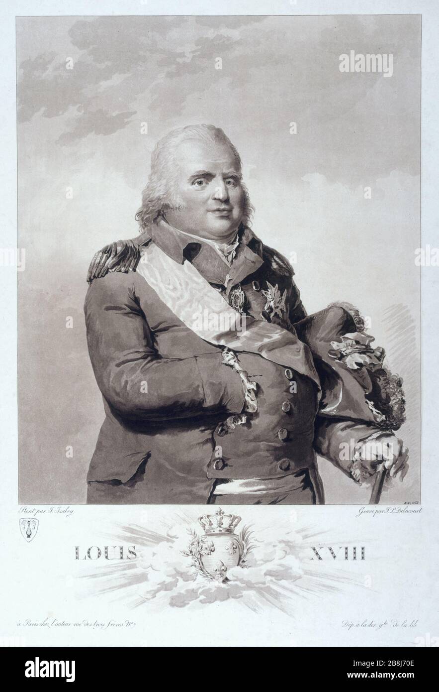 Louis XVIII Philibert-Louis Debucourt (1755-1832) d'après Jean-Baptiste Isabey (1767-1855). Luigi XVIII (1755-1824). Gravure (aquatinte),1814. Parigi, musée Carnavalet. Foto Stock