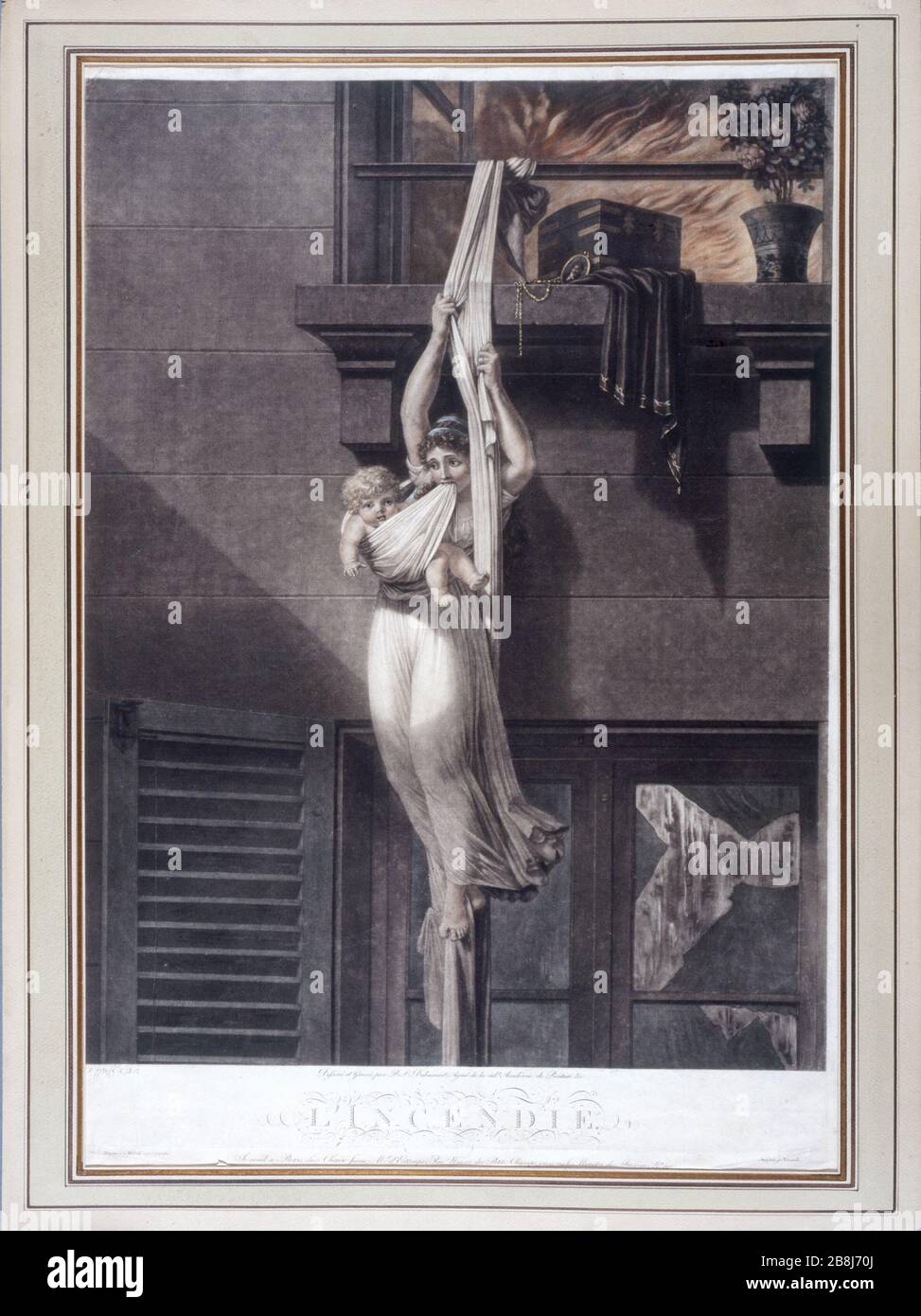 FUOCO Philibert-Louis Debucourt (1755-1832). "L'incendie" (versione colorisée). Gravure (manière noire en couleurs à la poupée). Parigi, musée Carnavalet. Foto Stock