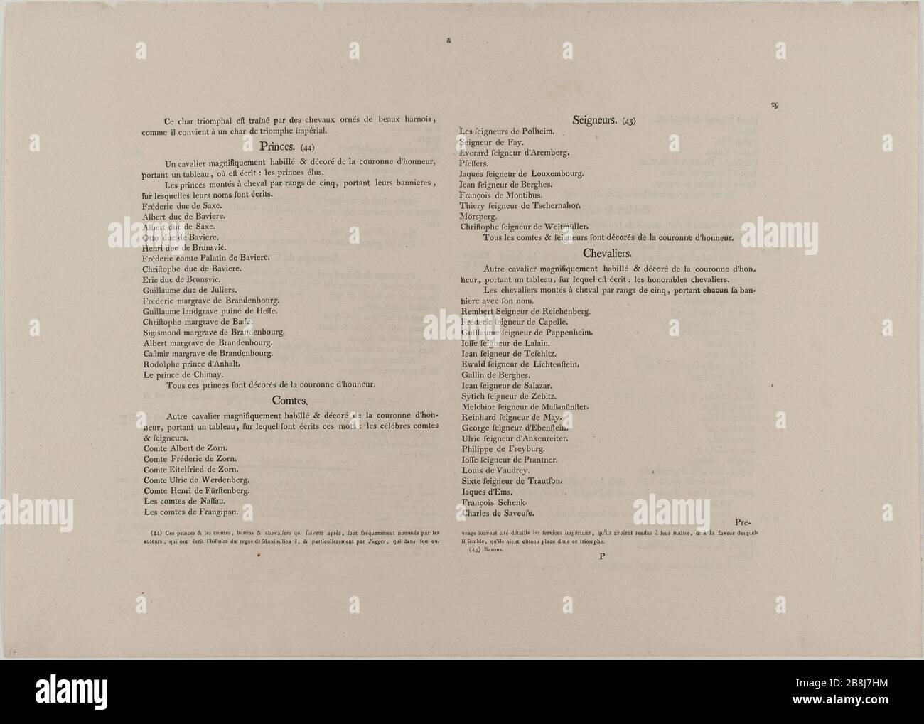 Il Trionfo dell'Imperatore Massimiliano i: Sesto foglio in sei, traduzione in francese della descrizione di Marc Treitzsaurwein, segretario dell'Imperatore (Dornik-Eger 36; Bartsch 81). Recto Hans Burgkmair, dit l'Ancien (1473-1531). Le Triomphe de l'Empereur Maximilien Ier : Sixième feuille sur Six, traduction en français de la description par Marc Treitzsaurwein, secrétaire de l'empereur (Dornik-Eger 36 ; Bartsch 81). Recto. Typographie (impressione tipografica, 1512-1519. Musée des Beaux-Arts de la Ville de Paris, Petit Palais. Foto Stock