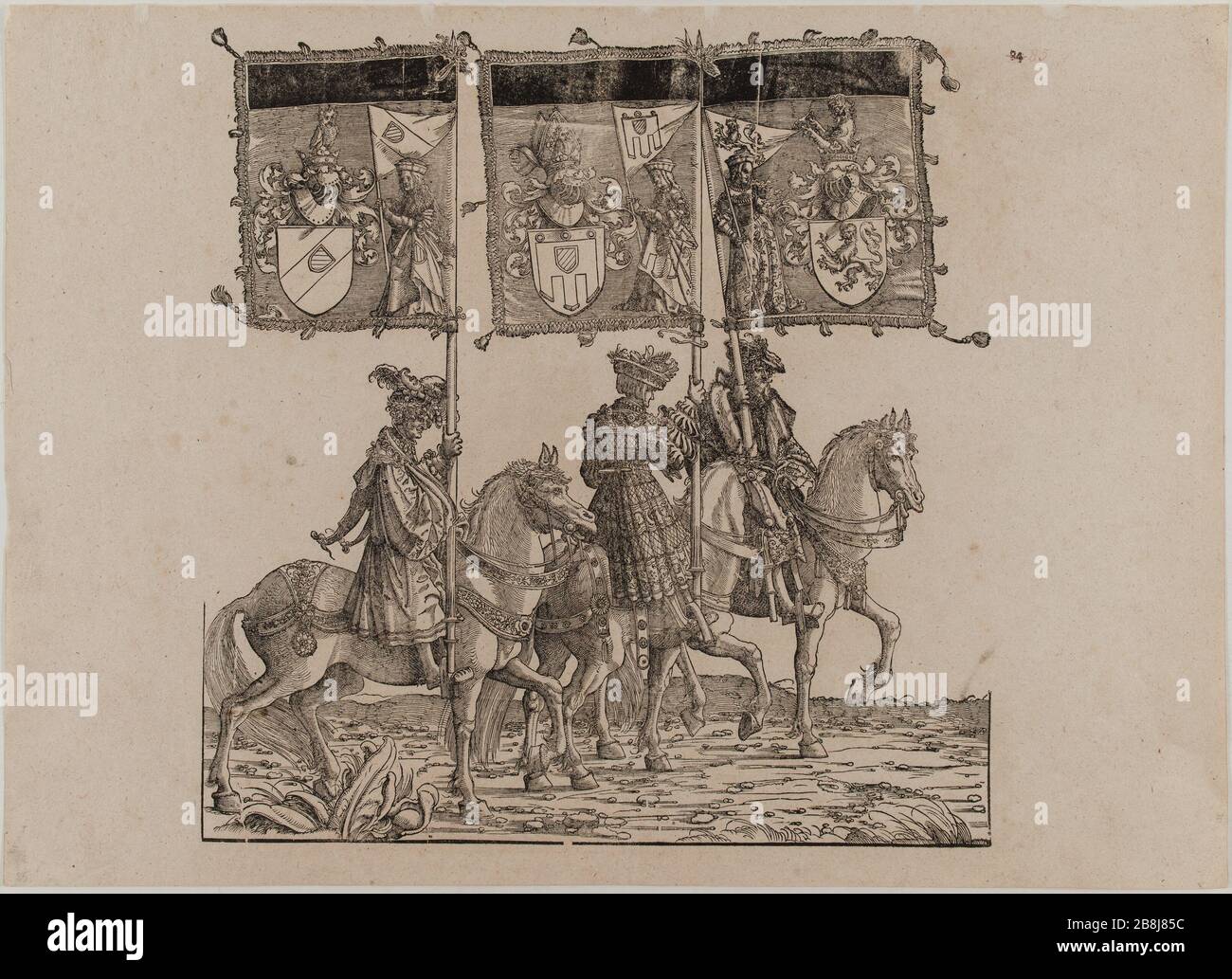 Il Trionfo dell'Imperatore Massimiliano i: Ottantacinquesimo consiglio (Eger Dornik-36, Bartsch 81) Hans Burgkmair, dit l'Ancien (1473-1531). Le Triomphe de l'Empereur Maximilien Ier : Quatre-vingt-cinquième planche (Dornik-Eger 36, Bartsch 81). Xylographie, 1512-1519. Musée des Beaux-Arts de la Ville de Paris, Petit Palais. Foto Stock