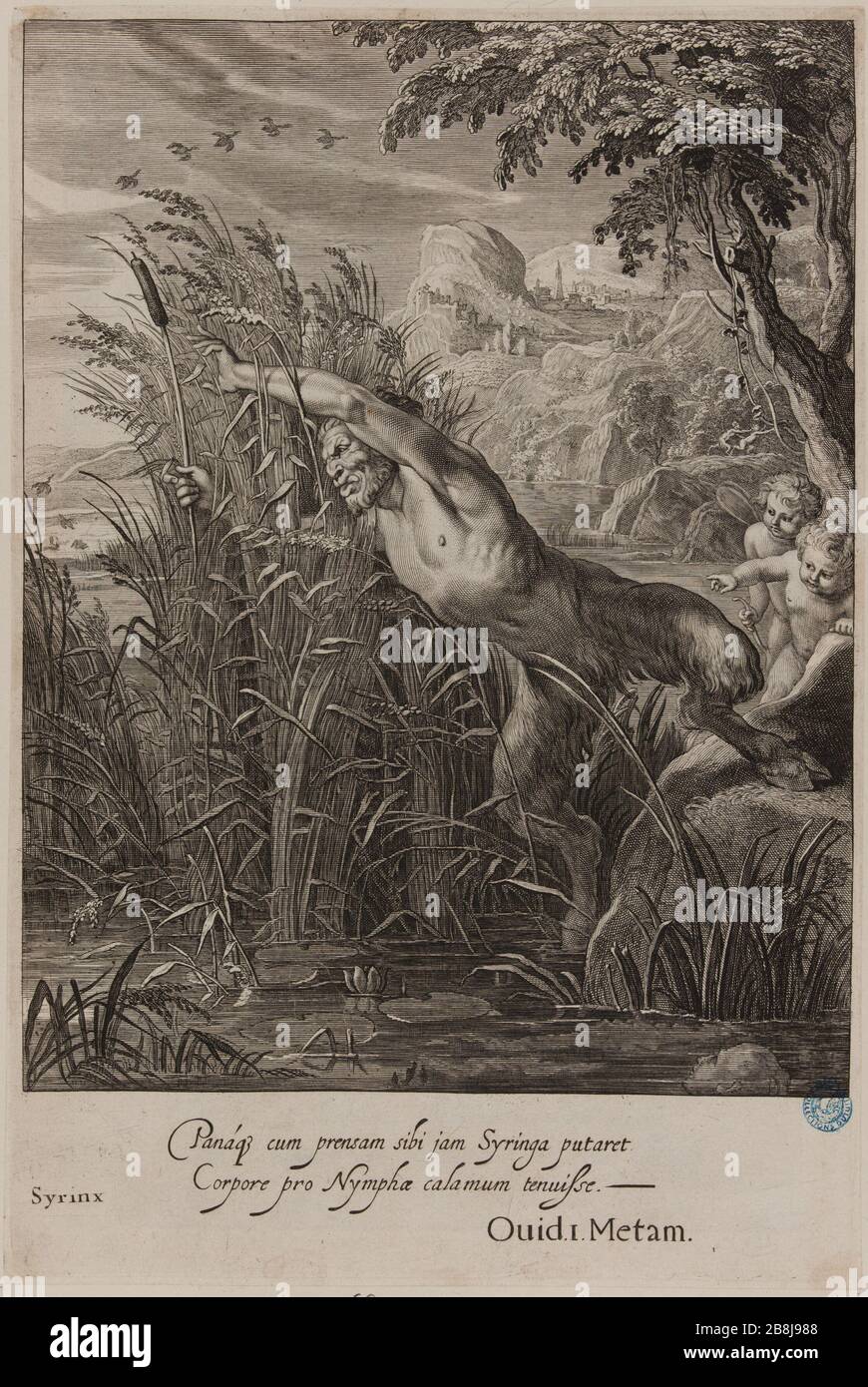 Tavolo del Tempio delle Muse: Sirinx (Dutuit p 36, 101 le Blanc.) Cornelis II Bloemaert, dit le Jeune (1603-1692). Tableau du Temple des Muses : Sirinx (Dutuit p. 36, le Blanc 101). Burin, 1655. Musée des Beaux-Arts de la Ville de Paris, Petit Palais. Foto Stock