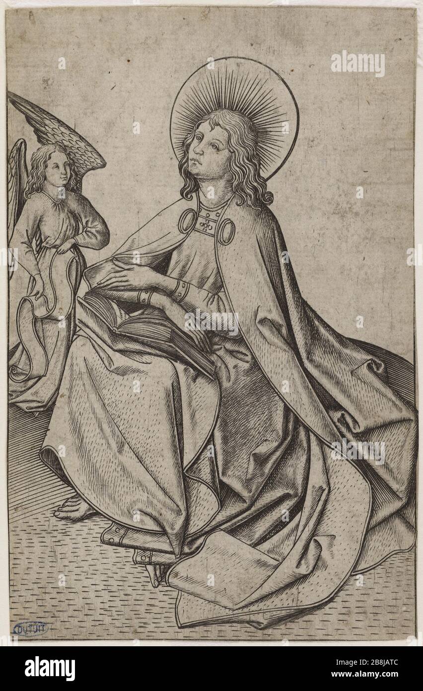I quattro Evangelisti. San Matteo. (Bartsch 66, Volume VI, pagina 24) Maître E.S (vers 1420-1468). 'Les Quatre Evangélistes. Saint Mathieu. (Bartsch 66, tomé VI, pag. 24)'. Burin. 1466. Musée des Beaux-Arts de la Ville de Paris, Petit Palais. Foto Stock