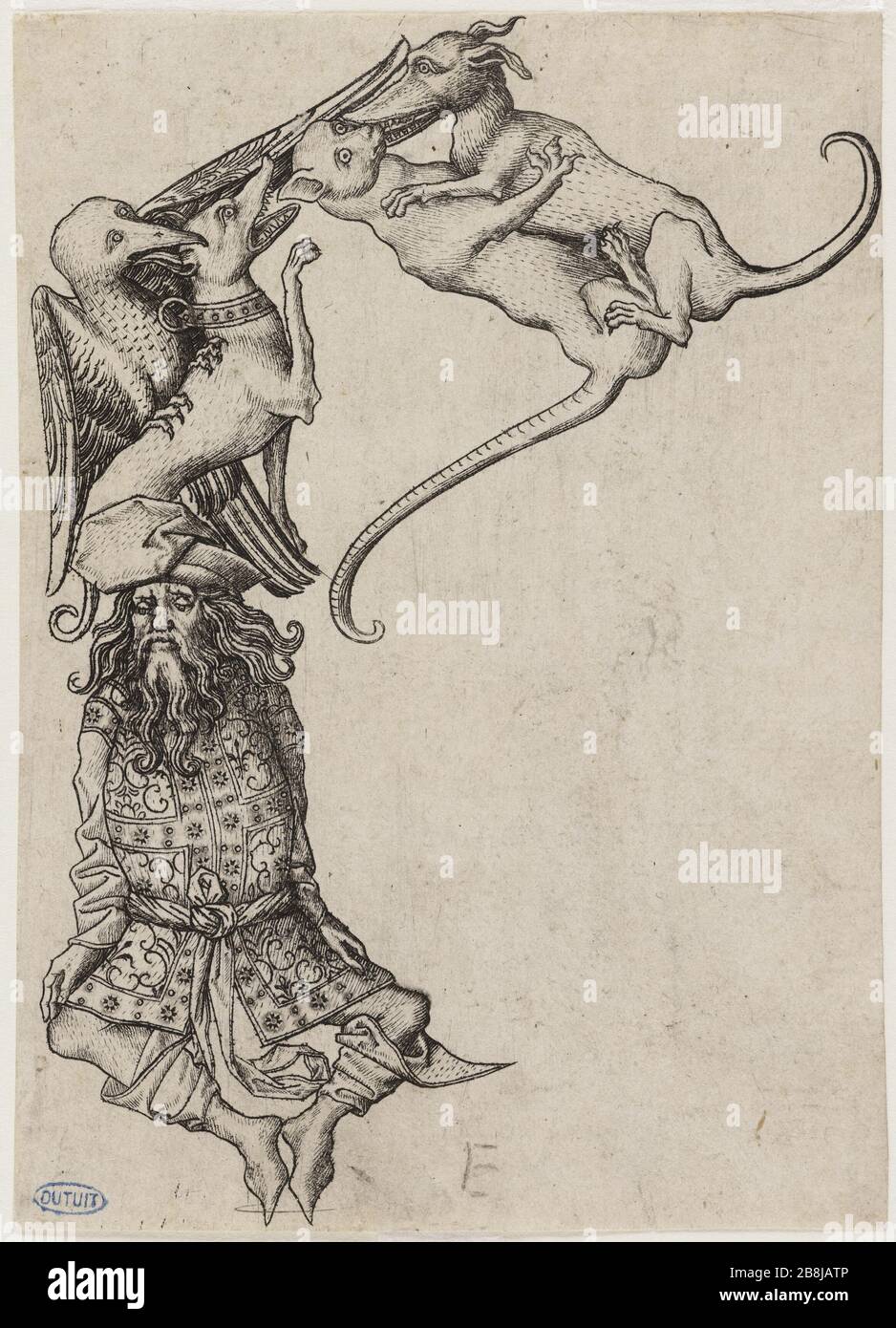Lettere dell'alfabeto composte da diverse figure di animali e grottesche, una lettera che offre un vecchio di barba lunga seduta in aria, ginocchia a parte e talloni. (Bartsch 108, Volume VI, pagina 42) Maître E.S (vers 1420-1468). "Les Lettres de l'alphabet composées de différentes figures et animaux grottesques, une lettre offrant un vieillard à grande barbe assis en l'air, les genoux écartés et les talons artions artions artions. (Bartsch 108, tomé VI, pag. 42)'. Burin. 1466. Musée des Beaux-Arts de la Ville de Paris, Petit Palais. Foto Stock